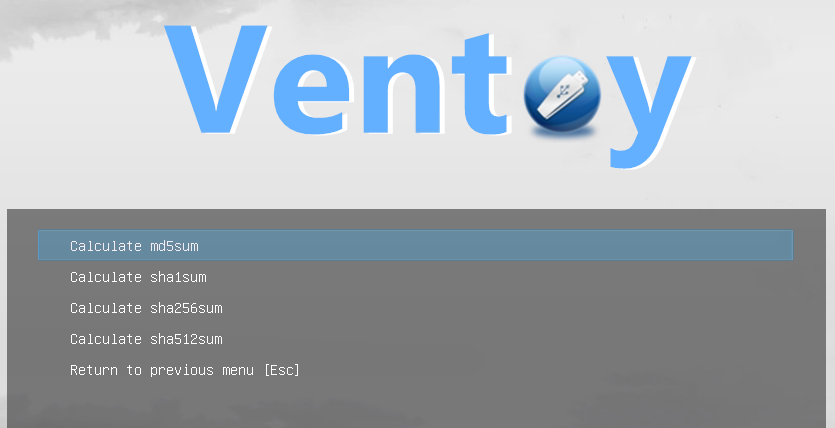 Ventoy boot menu offering MD5, SHA1, SHA256, and SHA512 checksum calculation for a selected image