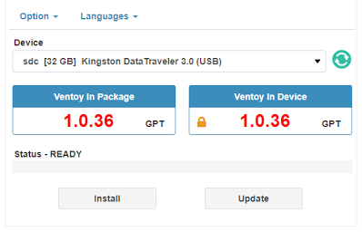 Ventoy2Disk comparing package and device Ventoy versions on another USB stick with GPT