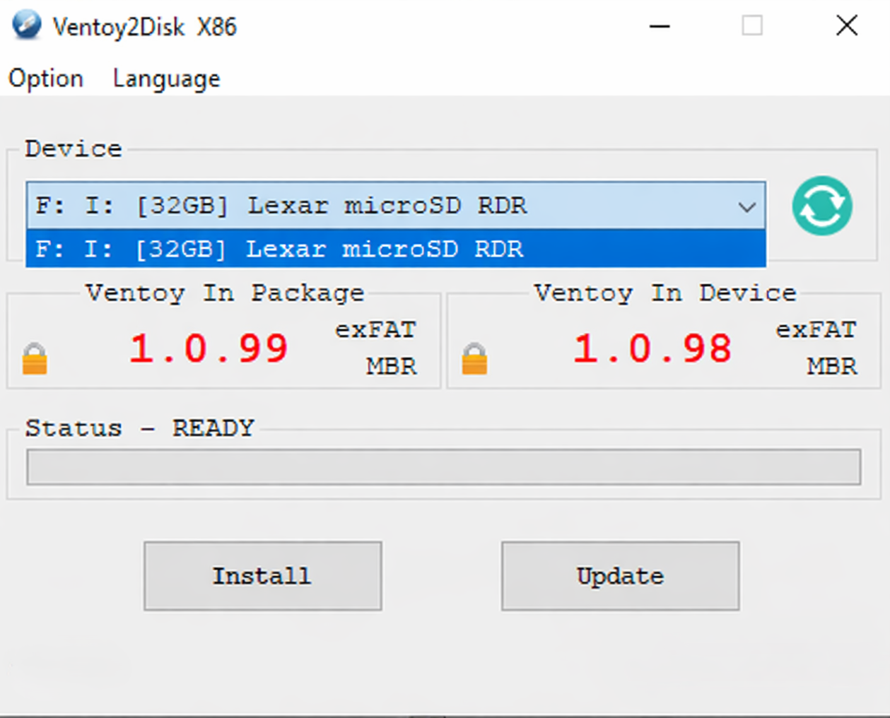 Ventoy2Disk window showing selected USB device and Ventoy version in package versus on device